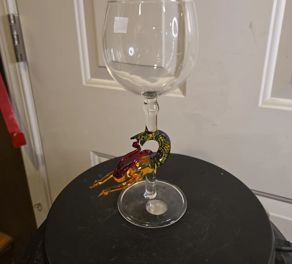 Milon Townsend Style Hand-Blown Glass Wine Goblet with Red and Yellow Mermaid